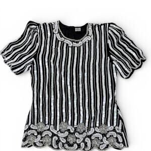 Vinatge Elegant Black and White Striped Women's Top